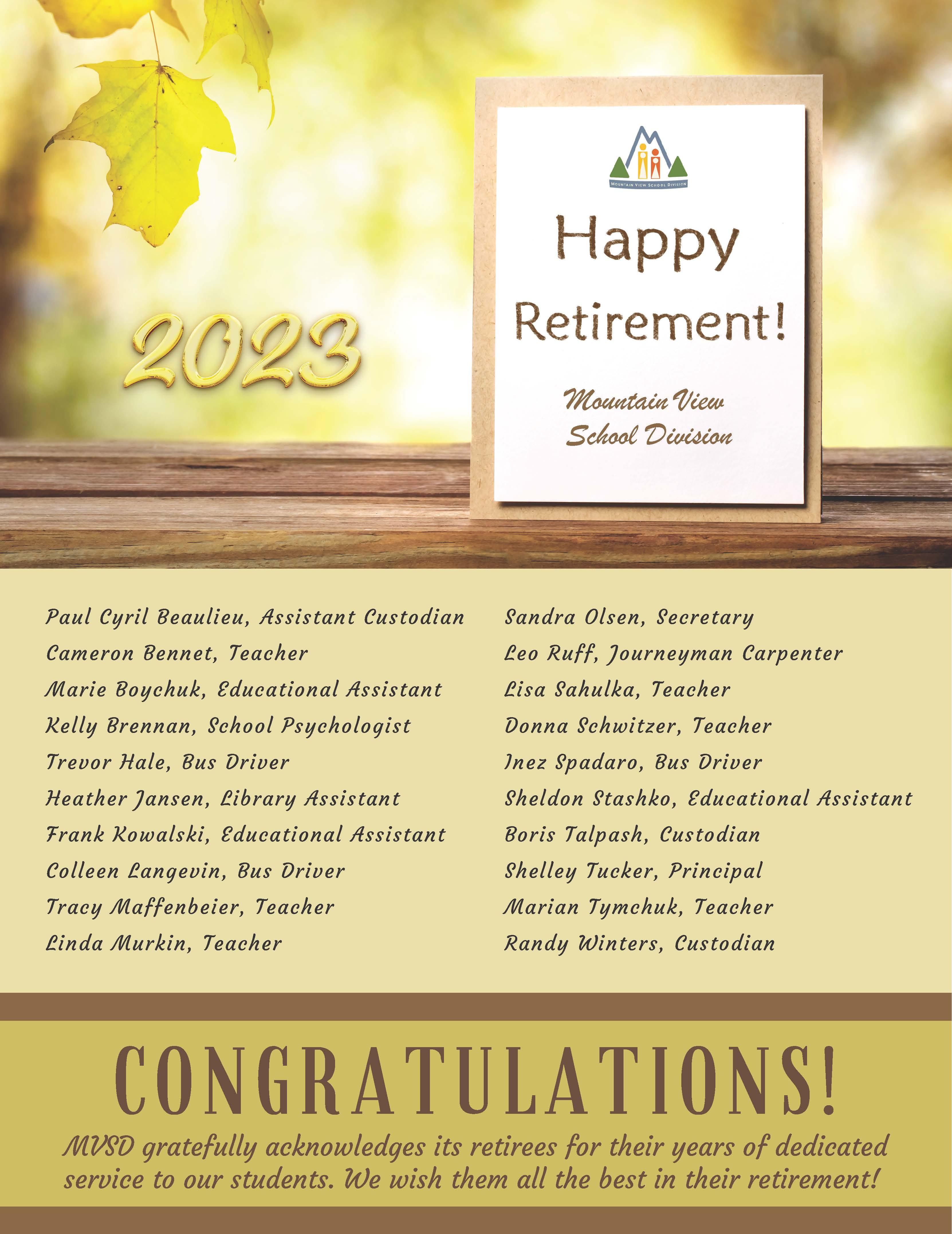 happy retirement card from MVSD, list of retirees in 2023